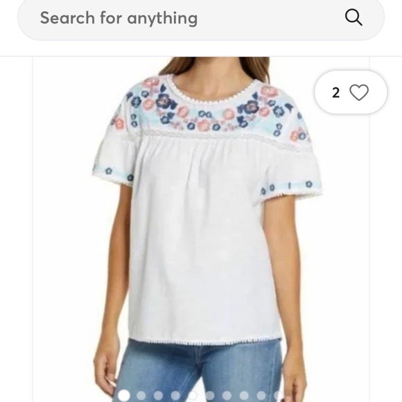 Caslon Nordstrom White Boho Floral Embroidered Yoke Top - Size XS - Picture 8 of 8